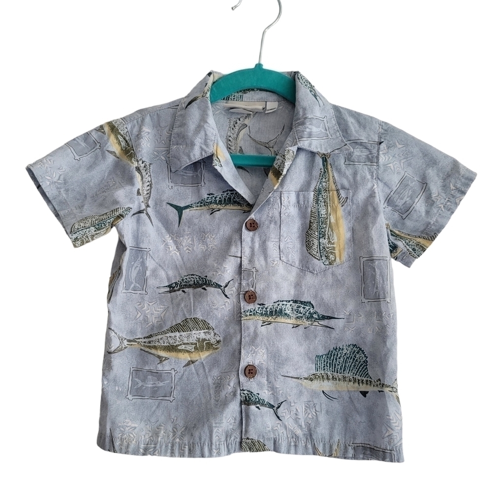 Cocoamo Kids Resort‎ Wear Blue Hawaiian Button Up Shirt Fish Aloha